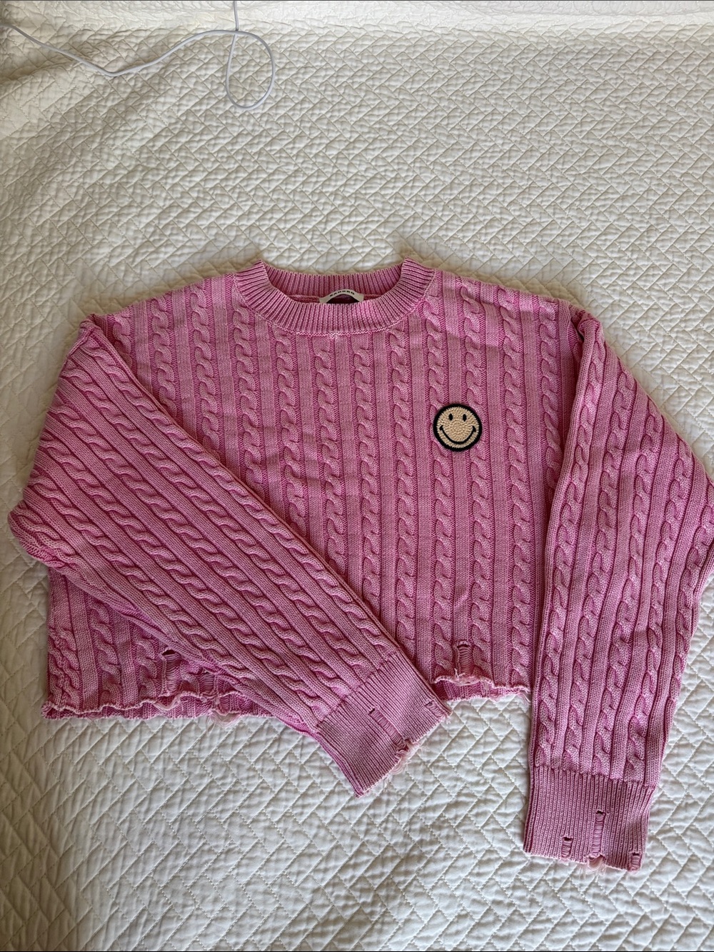 Sandro Cropped Pink Crewneck Sweater with Smiley Patch